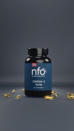 an open bottle of nifo omga's forte with gold capsules scattered around it