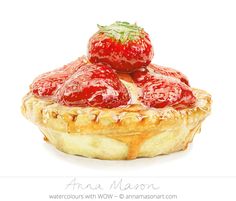 a pastry with strawberries on top is shown against a white background and has been drawn in watercolor