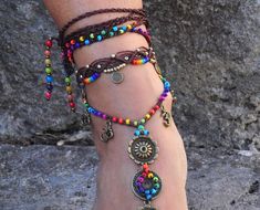 This listing is for one anklet. Beautiful macrame anklet. You can wear it alone or in combination with the barefoot sandals available in my shop (picture 2, 3 and 6) https://www.etsy.com/listing/216695617/shanti-rainbow-mandala-barefoot-sandals?ga_search_query=shanti&ref=shop_items_search_1 This anklet is made with waxed polyester cord, antique bronze beads, antique bronze spiral charms and czech seed seed beads. They close with a lobster claw and on the other side a small chain allows to ad Anklet Pictures, Rainbow Anklet, Belly Dancer Outfits, Dancer Outfits, Hippie Shoes, Hippie Sandals, Belly Piercing Jewelry, Rainbow Mandala, Jewelry Hippie