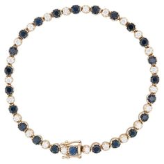 Gem: Natural Sapphires - 5.50 Total Carats, Round Brilliant Cut, Dark Blue Color, Heat Treatment - Natural Diamonds - 1 Total Carat, Round Brilliant Cut, E - F Color, VS2 Clarity Metal: 14k Yellow Gold Weight: 12.9 Grams Stamps: 14k Style: Tennis Bracelet Closure: Slide & Latch Inner Circumference: 7" Width: 4 mm Bracelet Tennis, Diamond Tennis Bracelet, Dark Blue Color, Tennis Bracelet Diamond, Natural Sapphire, Tennis Bracelet, 1 Carat, Round Brilliant Cut, White Diamond