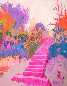 an abstract painting of pink steps leading up to trees and flowers in the background,