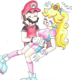 a drawing of mario and princess peach riding on roller skates with their arms around each other