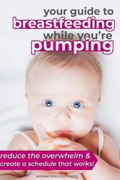 a baby with blue eyes is looking at the camera and has an ad for breastfeeding while you're pumping