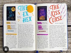 an open book with the words, the ex hex and the kiss curse on it