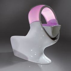 a white chair with a purple seat on it's back and its arm extended to the side