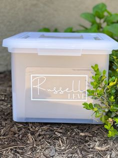 a plastic box sitting on the ground next to a bush and some leaves in front of it