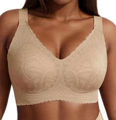 PRICES MAY VARY. Wireless Bra With Support And Lift：Xcutting uses a W-shaped soft support structure to lift and prevent sagging breasts, providing optimal support for the breasts for a more youthful look. Full back coverage and wide side panels for smoothing and support to prevent no bulges on the sides or the back. Unique Design Bra No Underwire：The seamless bras with lace floral print design for women have fully adjustable shoulder straps and back buckles, which allow you to adjust the bra to Big Bras, Seamless Bras, Dance Bras, Sleep Bra, Coverage Bras, Fall Plus Size, Bras For Women, Support Structure, Chicken Meat