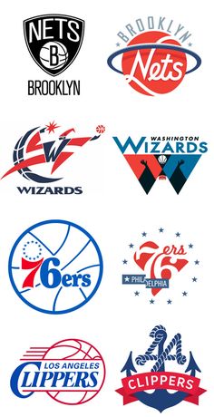 the logos for different sports teams are shown in various colors and sizes, including red, white