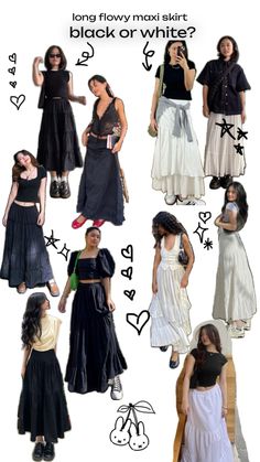 black or white outfits? Black Long Skirt Outfit, Flowy Skirt Outfit, Long Black Skirt Outfit, Black Maxi Skirt Outfit, Cut Outfits, White Skirt Outfits, Looks Pinterest, Long Skirt Outfits