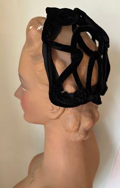 1940s clamper hat. Black velvet in a large crocheted style. The hat has a beautiful shape that can be worn in several ways. The velvet is wired so it is easy to fit around the head but a small (hat) pin is recommended, just to be sure. She is in beautiful condition. A real jewel on your head! Measurements are approx; wide 23 cm | 9 inch high 22 cm | 8,6  inch PLEASE NOTE; The prices for shipping have increased even further in 2024, unfortunately there is not much I can do about it except this, 1940s Hats Women, 1940s Hats, Hat Pin, Costume Hats, Felt Hat, The Velvet, Hat Pins, Costume Accessories, Fascinator