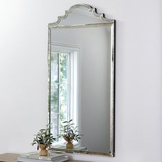 a mirror sitting on top of a table next to a potted plant in front of a window