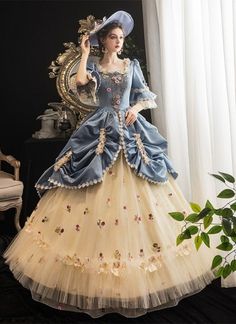 Vintage Baroque Gown For Costume Party, Victorian Baroque Dresses For Theater, Blue Baroque Vintage Dress, Blue Vintage Baroque Dress, Vintage Blue Baroque Dress, Rococo Style Ball Gown For Theater, Rococo Ball Gown For Theater, Elegant Baroque Dresses For Theater, Baroque Ruffled Dress For Theater