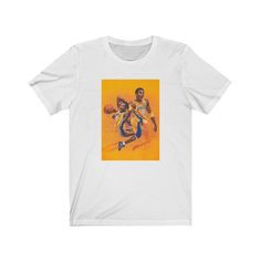 a white t - shirt with an image of two basketball players