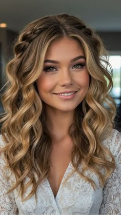 Some Up Some Down Hairstyles Bridesmaid, Medium Down Wedding Hair, Homecoming Hair Ideas Down, Waves With Braid Hairstyle, Easy Homecoming Hairstyles Curly Hair, Long Hair Down Styles Wedding, Bridesmaid Hairstyles Medium Length Curly, 2025 Prom Hair, Prom Hairstyles For Medium Length Hair Bow