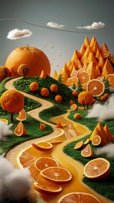 an orange landscape is shown with many oranges