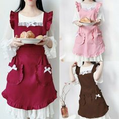 the woman is holding a plate with donuts on it and wearing a pink apron