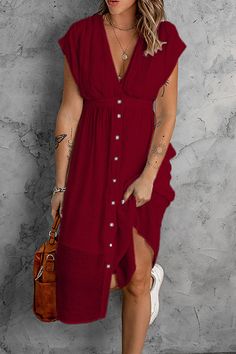 Button V Neck Midi Dress Midi Dress Outfit, V Neck Midi Dress, Solid Color Dress, Vestidos Vintage, Large Buttons, Midi Dress Sleeveless, Fashion Colours, Waist Dress, Types Of Skirts