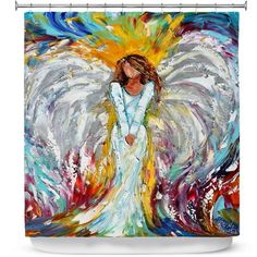 an angel shower curtain with colorful paint on it