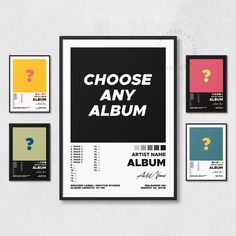 an album cover with question marks on it and four different colored posters in the background