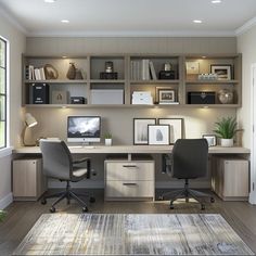 Optimized Business Images for Website: Work From Home 2 Office Desk In One Small Room, Built In Office For Two, Office Wall With Window, U Shape Office Layout, Work From Home Interior, Small Home Office Two Desks, Wfh Room Setup, Work Office Ideas Business, Desk With Cabinets Above