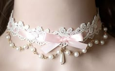 Pink Choker Outfit, Soft Pink Accessories, Kokomi Necklace, Pearl Outfit Aesthetic, Cutecore Accessories, Princess Choker, Kawaii Choker, Coquette Necklace