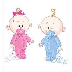 two babies are standing next to each other with pacifiers in their mouths and one is wearing a pink onesie