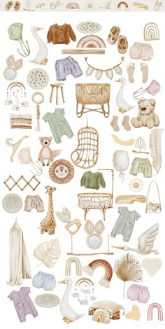 an assortment of baby items are shown on a white background, including clothes and toys