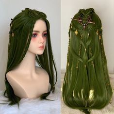 MADE TO ORDER Production time 45-60 days! lacefront middle part only Excellent wig for anything fantasy related! Made from high quality synthetic fibers Hair length is around 24 inch Golden beads Wig Comb and Wig caps included 100% hair density SIZE Average cap size 21-23" GENERAL INFORMATION. PLEASE READ. Please take into consideration that these wigs are made to order, and may vary slightly from the photos displayed. Item process updates are not offered for listed wigs. Custom orders updates w Fairy Wigs Hair, Fairy Princess Hair, Druid Hairstyles, Forest Fairy Hairstyles, Green Hair Tips, Warrior Braids Woman, Fantasy Hair Styles, Mushroom Druid, Black Green Hair