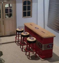 an old fashioned bar with stools in a room