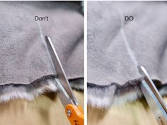 two pictures with scissors cutting through the side of a piece of fabric that has been sewn