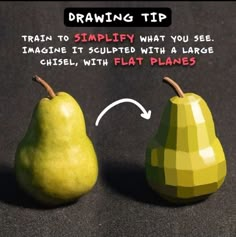 two pears sitting next to each other on top of a black surface with the caption drawing tip