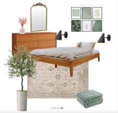 a bedroom with a bed, dresser, mirror and plant on the floor in front of it