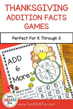 thanksgiving addition games for k through 3 with the text overlay that reads, thanksgiving addition fact