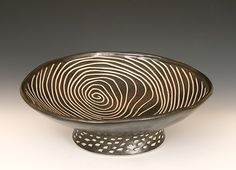 a black and white bowl sitting on top of a table