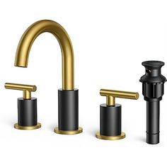 three black and gold faucets are shown in this image