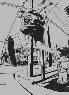 a black and white drawing of a man on a skateboard jumping over a fire hydrant