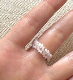 Delicate Handmade White Rings, Handmade White Flower Open Ring, Handmade White Open Flower Ring, White Beaded Wedding Rings, Handmade White Pearl Promise Ring, White Pearl Ring For Jewelry Making, Cute Beaded Rings For Gifts, Cute Handmade White Flower Ring, Cute Handmade Flower Ring For Gift