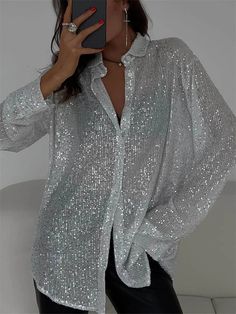 45625768935677|45625769001213|45625769033981 Shiny Blouse, Sequin Blouse, Streetwear Mode, Shirt Blouses Women's, Evening Tops, Collars For Women, Loose Shirts, Elegant Shirt, Women Shirt