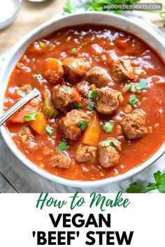 Bowl of vegan beef stew. Wfpb Dinner, Vegan Beef Stew, Soy Chunks, Tofu Meat, Tvp Recipes, Slow Cooker Vegan, Soya Chunks, Soy Curls, Dairy Free Soup