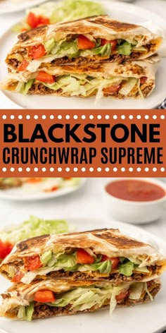 black stone crunchwrap supreme on a white plate with tomato and lettuce