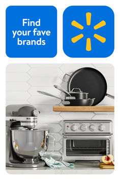 an advertisement for kitchen appliances with the words find your fave brands on it's side