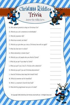 a christmas riddle trivia is shown in blue and white striped paper with santa's helpers on it