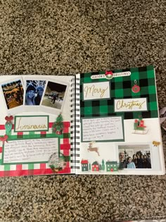 an open christmas scrapbook with pictures on it