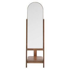 a wooden stand with a mirror and shelf on it's sides, against a white background