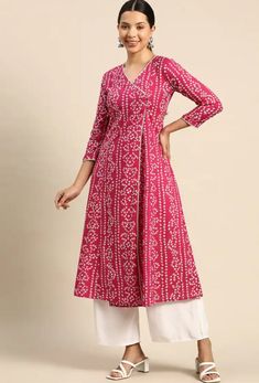 Pakistani Salwar Kameez / Indian Wedding Dress / Plus Size Cotton Dress Traditional Indian Wear / Salwar Kameez Dupatta / Kurti Palazzo Set Product Details * Colour: pink Bandhani printed * V-neck * Three-quarter, regular sleeves * A-line shape with angrakha style * Calf length with flared hem * Regular cotton Material & Care 100% Cotton Machine Wash package contents One piece kurta One piece Palazzo Note:- Please see the size chart in the image to choose a perfect size. Please feel free to ask any questions regarding this item WE ALSO ACCEPT CUSTOMISATION AS PER CUSTOMER REQUESTS. Indian Cotton Anarkali Dresses, Cheap Fitted Kurta With Pallu, Anarkali Angrakha Dress, Kurta Maxi Dress, Luxury Floor-length Kalamkari Print Dresses, Casual Anarkali Dress, Angrakha Dress Cotton, Simple Dress Pattern For Women Indian, Fitted V-neck Kurta With Printed Motifs