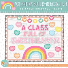 valentine bulletin board kit with hearts and rainbows on the front, in pastel colors