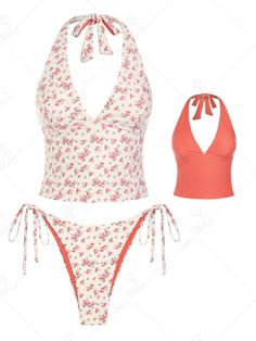 Seamolly Double-Sided Ditsy Floral And Polka Dots Printed Halter Tie Side Tankini Set 2 Pieces Swimsuit, Outer Banks Bathing Suits, Cheap Swimsuit Brands, Women’s Swim Suits, Greece Inspired Bikinis, Trending Swimsuits 2024, Halter Top Swimsuits Tankini, Cute Tankini Bathing Suits, Mid Size Swimsuit