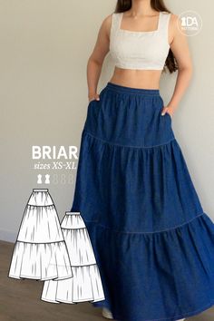 This perfectly easy yet perfectly romantic tiered ruffle skirt has all the pretty little design details needed for the ultimate summer-like piece without any time-consuming and complicated techniques. Wear either high or low-waisted! 🩵 BRIAR Tiered Ruffle Maxi Skirt PDF Digital Sewing Pattern for Women Sizes XS-XL After your purchase you will receive: an instructional ebook, the nested pattern in 5 sizes and 2 formats, A4/Letter and A0 copyshop, and the video tutorial. Design: Classic A-line si 25 Yard Skirt Pattern, Maxi Skirt Sewing Patterns, Beginner Sewing Skirt, Long Skirt Sewing Pattern Free, Sewing Ideas For Beginners Clothes, Hippie Sewing Patterns, Begginer Sewing Patterns, Modest Crochet Clothes, Long Skirt Pattern Sewing