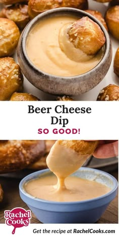 beer cheese dip is being poured into a bowl with bread rolls in the background and an advertisement for rachel cooks