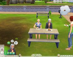 two women sitting at a picnic table in the middle of an animated park with another woman standing next to her